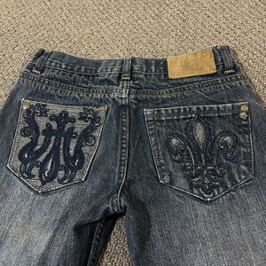 Marc Ecko Jeans Women Size 12 Boot Cut Bootcut Embroidered Pockets Fleur de Lis